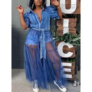 Live 4 Truth NWOT Denim Sheer Mesh Patchwork Puff Sleeve Tiered Dress Blue 1X